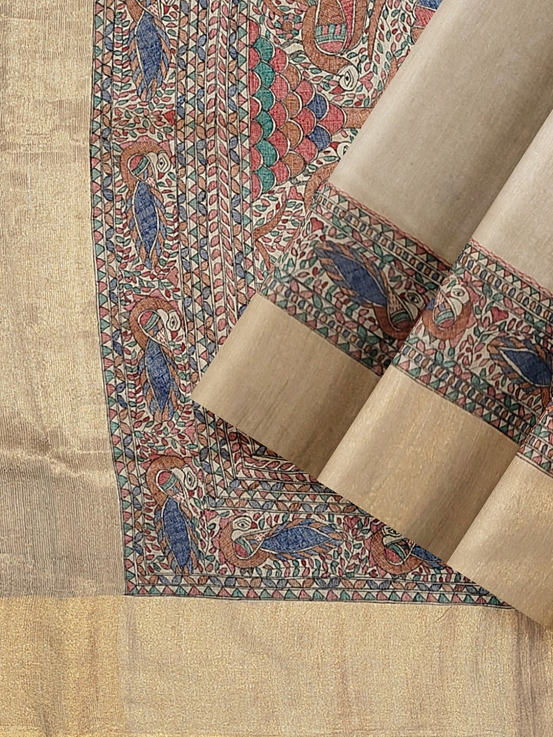 Radha Krishna under the Kadamb Tree – A Divine Melody on Tussar Ghicha Silk